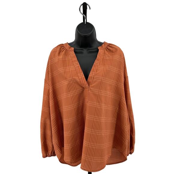 A New Day Popover Blouse WMNS XXL Rust Plaid Long Sleeve Office Work Top Shirt - Picture 1 of 10